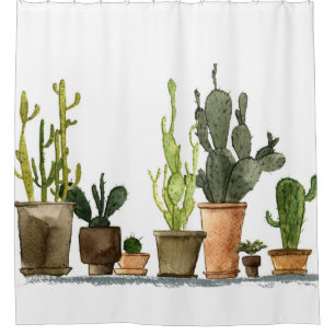 Green Watercolor Cacti: Hand Drawn Pots Shower Curtain