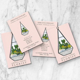 Green watercolor cactus terrarium florist pink business card