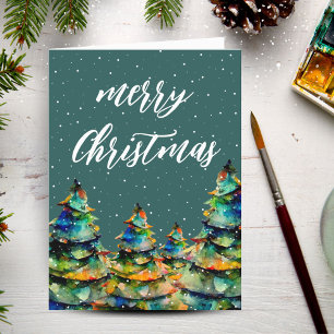 Green Watercolor Christmas Tree Snowflakes  Holiday Card