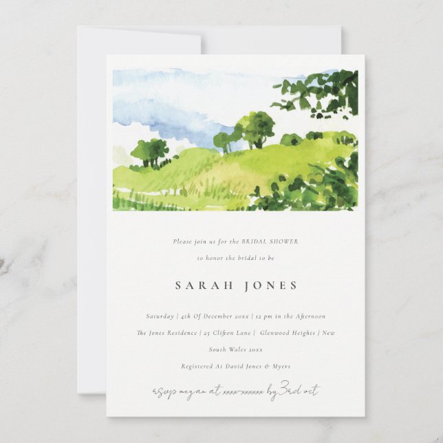 Green Watercolor Countryside Hills Bridal Shower Invitation (Front)