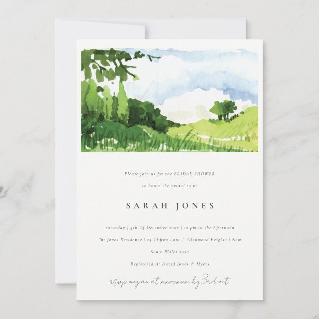 Green Watercolor Countryside Hills Bridal Shower Invitation (Front)