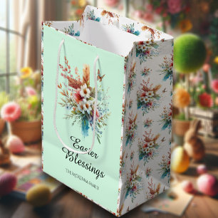 Green Watercolor Cross Flowers Christian Easter Medium Gift Bag