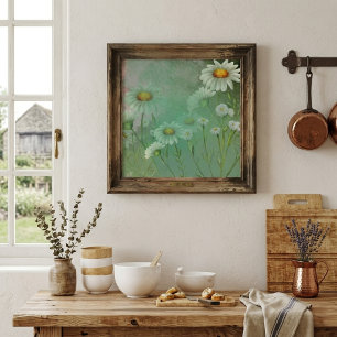 Green Watercolor Daisy Flowers Poster