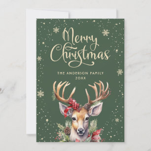 Green Watercolor Deer Merry Christmas Holiday Card