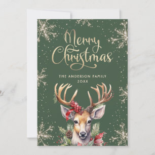 Green Watercolor Deer Merry Christmas Holiday Card