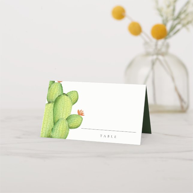 GREEN WATERCOLOR DESERT CACTUS FLOWER MONOGRAM PLACE CARD (Front)