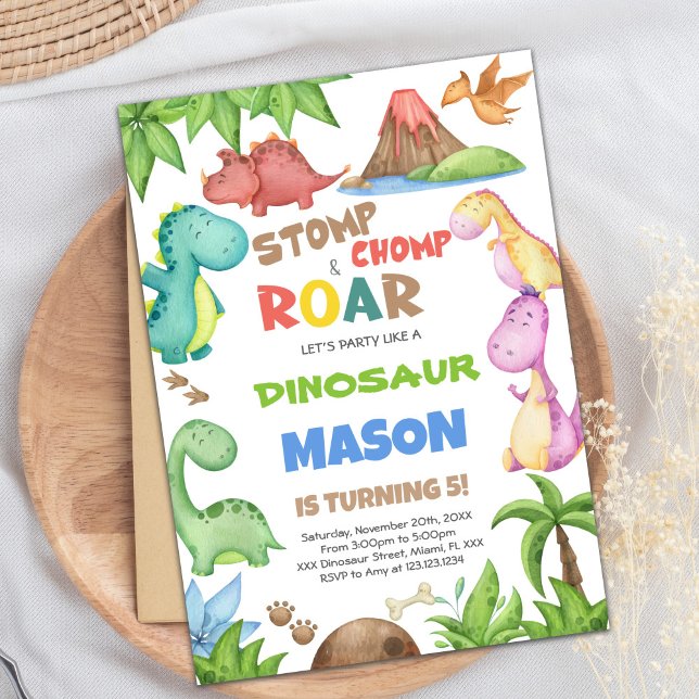 Green Watercolor Dinosaur Birthday Invitation (Green Watercolor Dinosaur Birthday Invitations)