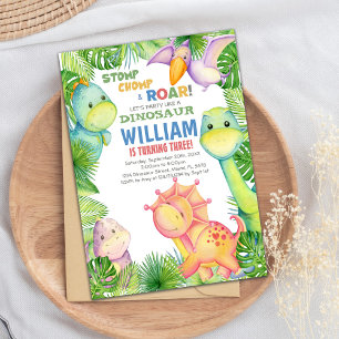 Green watercolor Dinosaur Birthday Invitations
