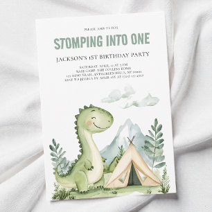 Green Watercolor Dinosaur Boys 1st Birthday Party Invitation