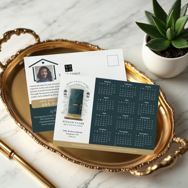 Green Watercolor Door Real Estate Calendar 2024 Postcard (Green Watercolor Door Real Estate Calendar 2025 Postcard)