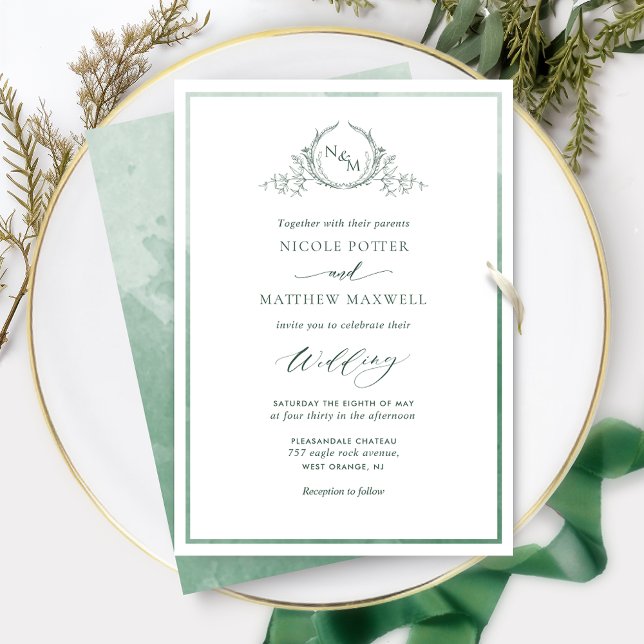 Green Watercolor, Elegant Monogram Wedding Invitat Invitation (Creator Uploaded)
