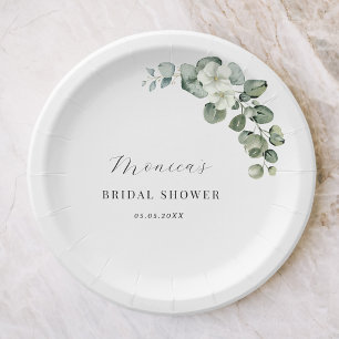 Green Watercolor Eucalyptus Floral Bridal Shower Paper Plate
