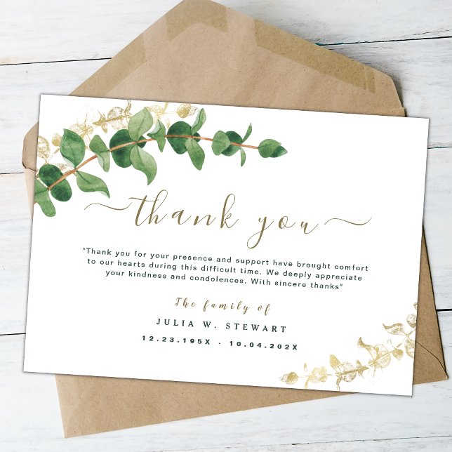 Green Watercolor Eucalyptus Funeral Thank You Note Card (Creator Uploaded)