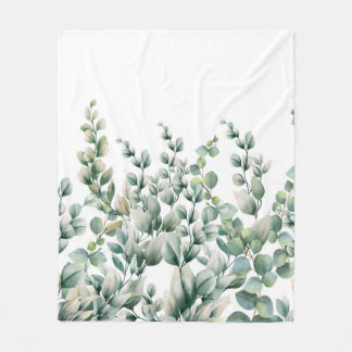 Green Watercolor Eucalyptus Leaf Fleece Blanket