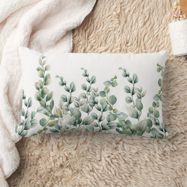 Green Watercolor Eucalyptus Leaf Lumbar Cushion (Blanket)