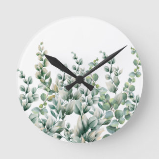 Green Watercolor Eucalyptus Leaf Round Clock