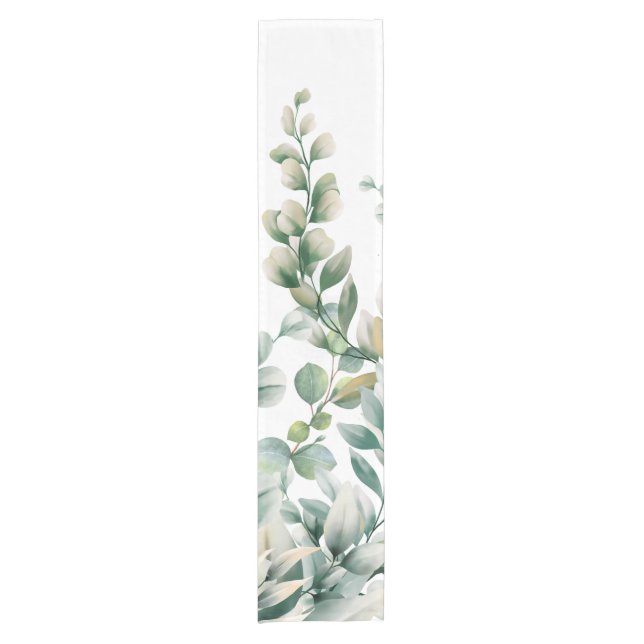 Green Watercolor Eucalyptus Leaf Short Table Runner (Front)