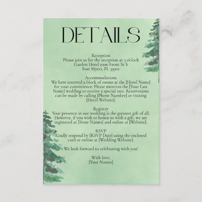 Green Watercolor Fir Trees Rustic Nature Wedding Enclosure Card (Front)