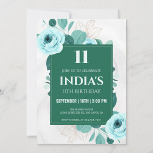 Green Watercolor Floral 11th birthday Invitation