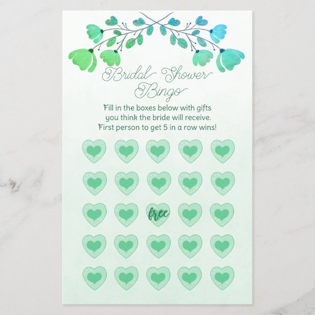 Green Watercolor Floral Bridal Shower Bingo Flyer (Front)