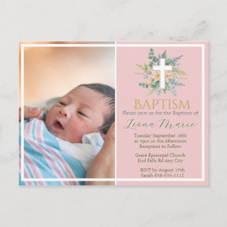 Green Watercolor Floral Faux Gold Photo Baptism Invitation Postcard
