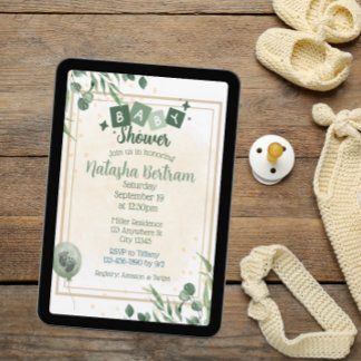 Green Watercolor Floral Leaves Baby Shower Invitation