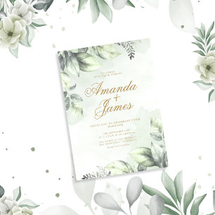 Green Watercolor Floral Leaves Elegant Wedding Invitation