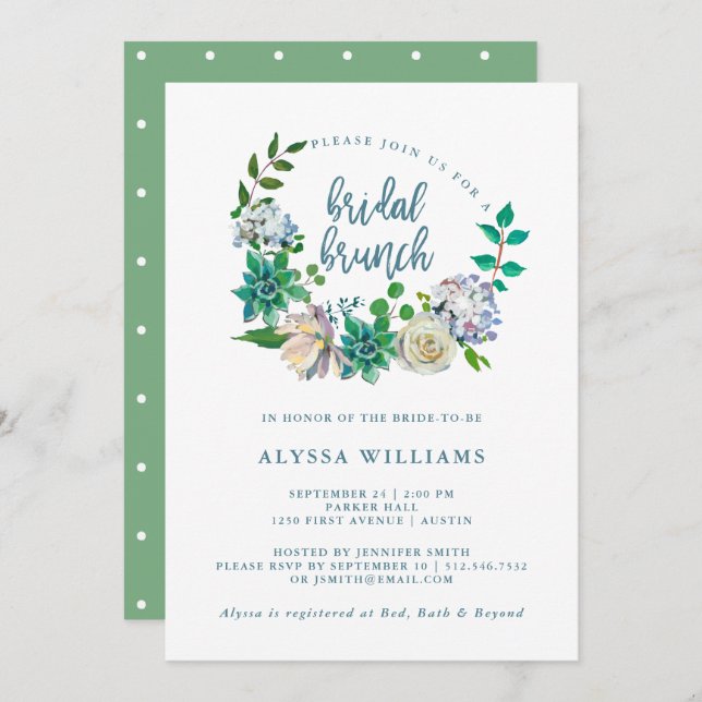 Green Watercolor Floral Succulent | Bridal Brunch Invitation (Front/Back)