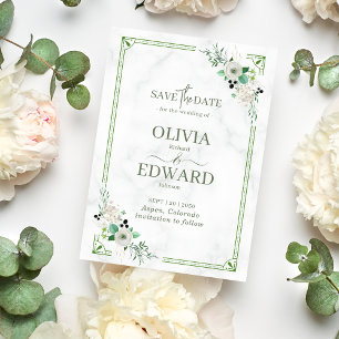 Green Watercolor Floral with marble Wedding Save The Date