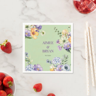 Green Watercolor Flower Wedding Napkin
