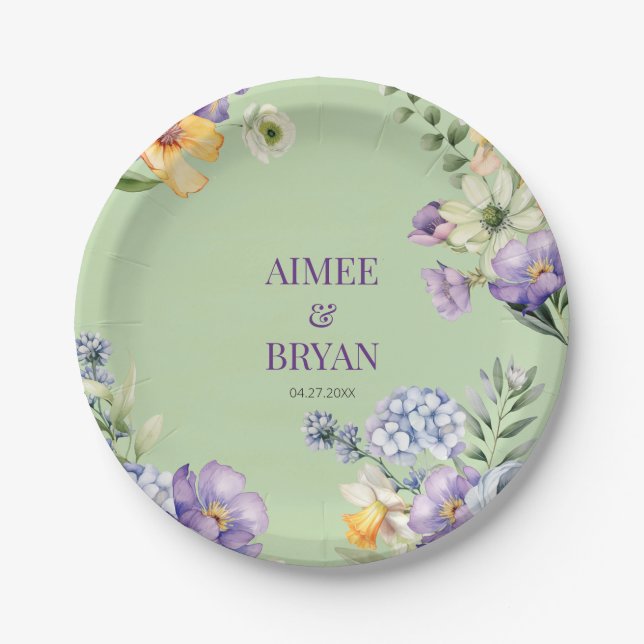 Green Watercolor Flower Wedding Paper Plate (Front)