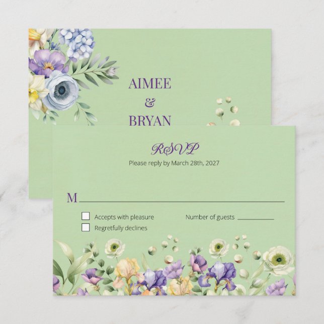Green Watercolor Flower Wedding Reply RSVP Invitation (Front/Back)