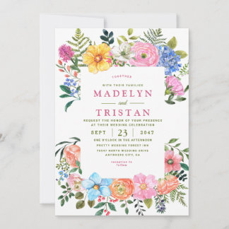 Green Watercolor Flowers Minimalist photo Wedding Invitation