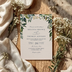 Green Watercolor Foliage Arch QR Code Wedding Invitation