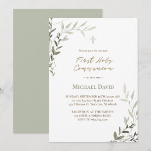 green watercolor foliage First Holy Communion Invitation