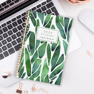 Green Watercolor Foliage Pattern Monogram 2024 Planner