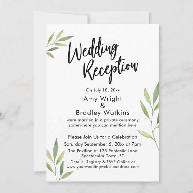 Green Watercolor Foliage Wedding Reception Invitation (Front)