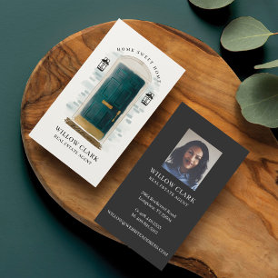 Green Watercolor Front Door Real Estate Agent Business Card