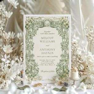 Green Watercolor Garden art Gate Wedding Invitation