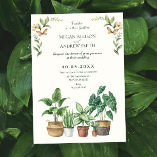 Green watercolor gardening plants wedding invitation