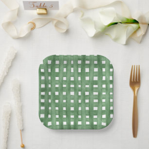 Green Watercolor Gingham Baby Shower Paper Plates