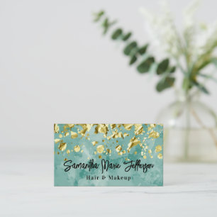 Green Watercolor Gold Drops Hair Nail Makeup Salon Business Card