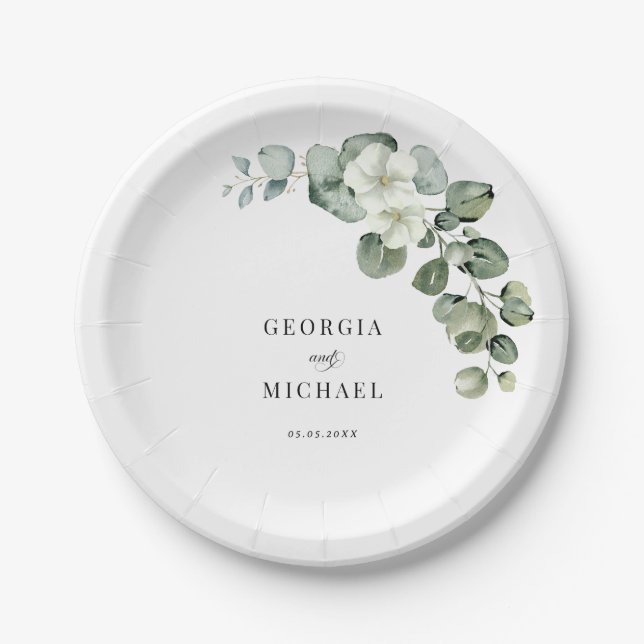 Green Watercolor Gold Eucalyptus Foliage Wedding Paper Plate (Front)