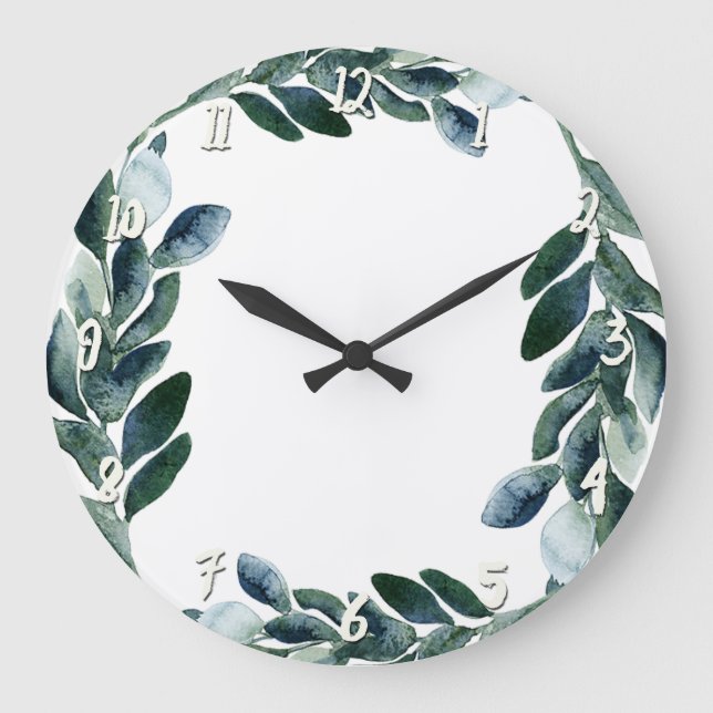 Green Watercolor Greenery Leaves Botanical Rustic Large Clock (Front)