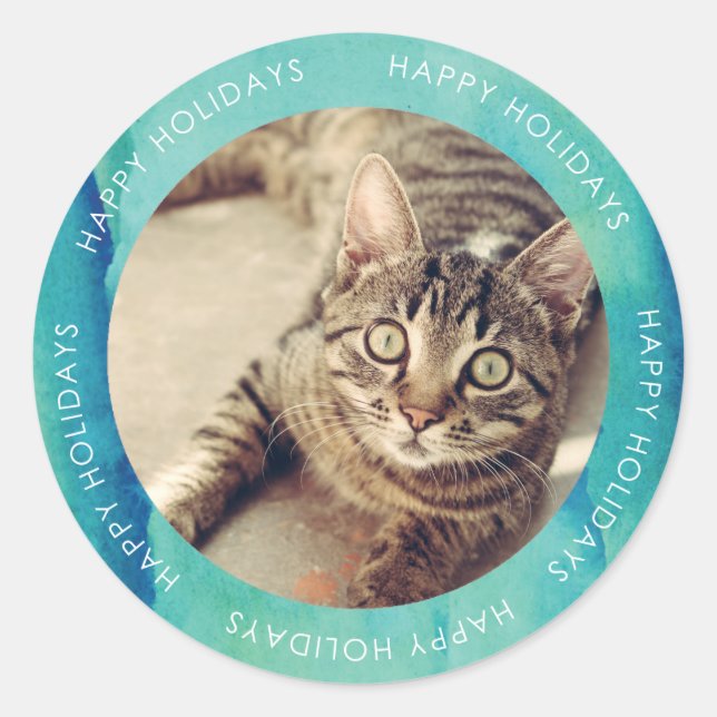 Green Watercolor Happy Holidays Photo Classic Round Sticker (Front)