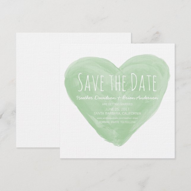 Green Watercolor Heart Save the Date Invite (Front/Back)