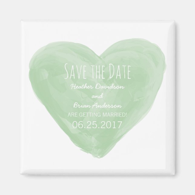 Green Watercolor Heart Save the Date Magnet (Front)