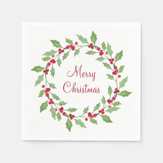 Green Watercolor Holly Wreath Napkin (Front)