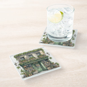 GREEN WATERCOLOR IRISH THEMED SHOPS GLASS COASTER