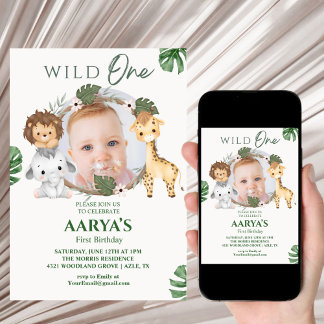 Green Watercolor Jungle Wild One First Birthday Invitation